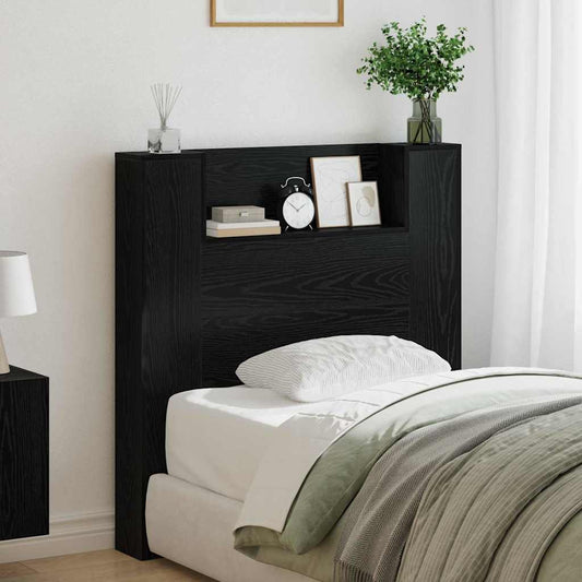 vidaXL Storage Headboard with LED Black Oak Engineered Wood shown with shelves and integrated LED lighting