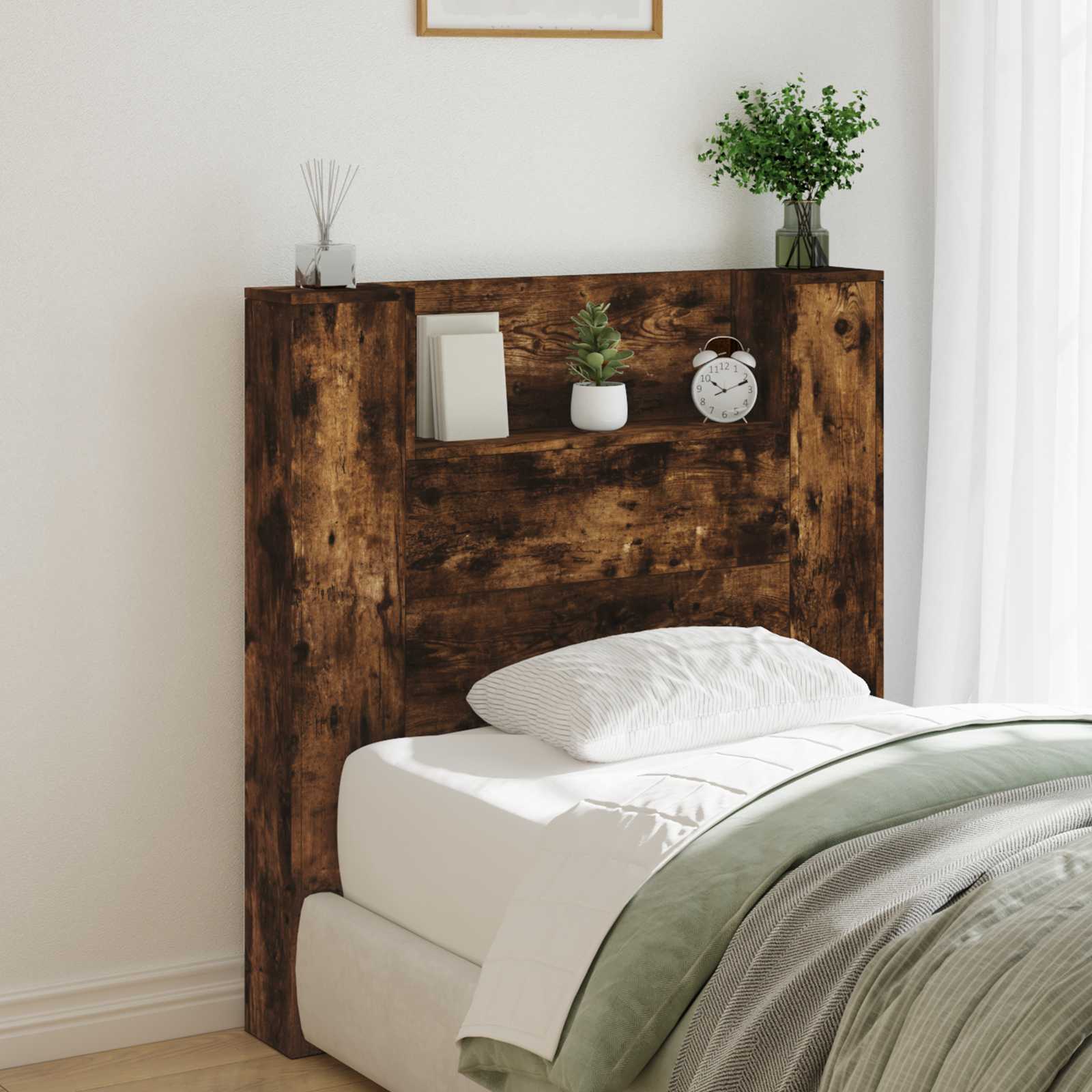 vidaXL Storage Headboard with LED Smoked Oak Engineered Wood 1