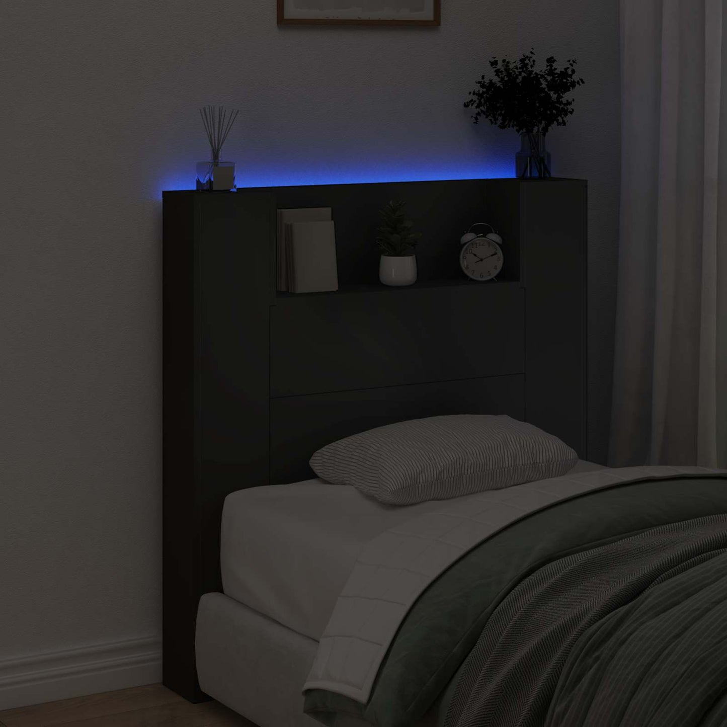 vidaXL Storage Headboard with LED Black Engineered Wood 4