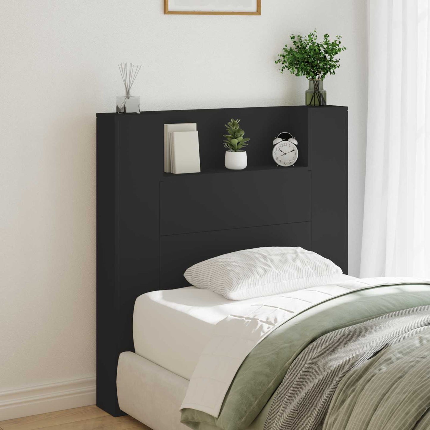 vidaXL Storage Headboard with LED Black Engineered Wood 1