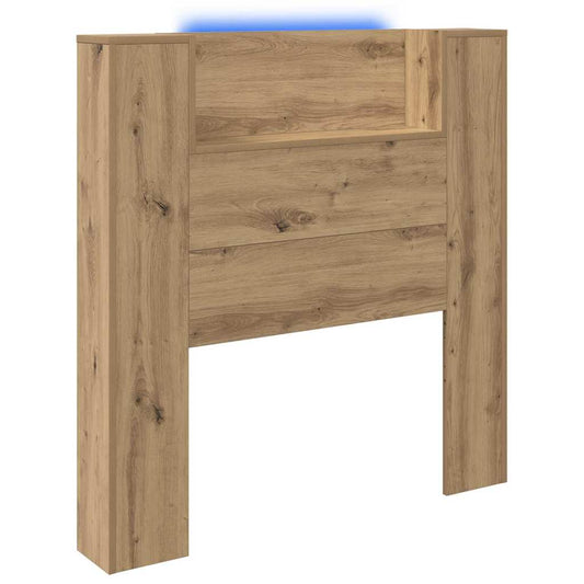 Storage headboard with blue LED lights across the top