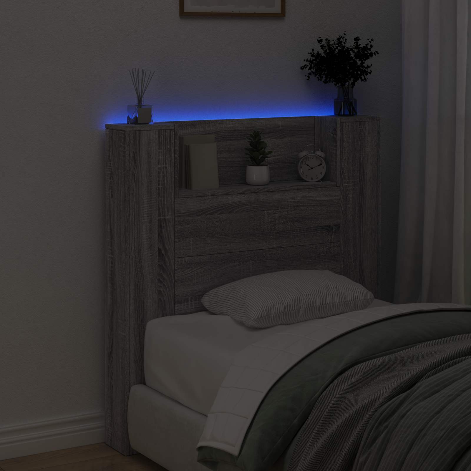 vidaXL Storage Headboard with LED Grey Sonoma Engineered Wood 4
