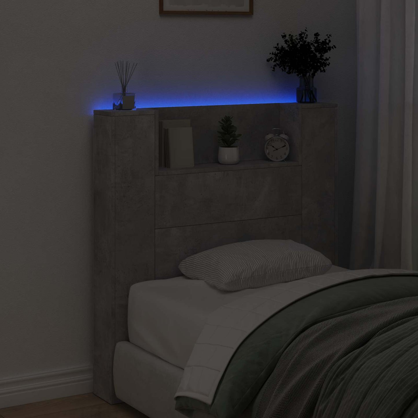vidaXL Storage Headboard with LED Concrete Grey Engineered Wood 4