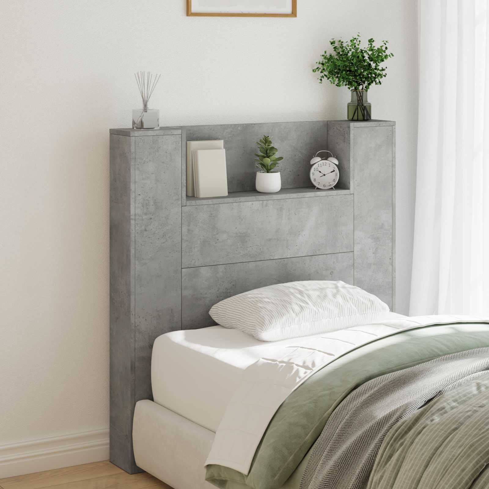 vidaXL Storage Headboard with LED Concrete Grey Engineered Wood 1