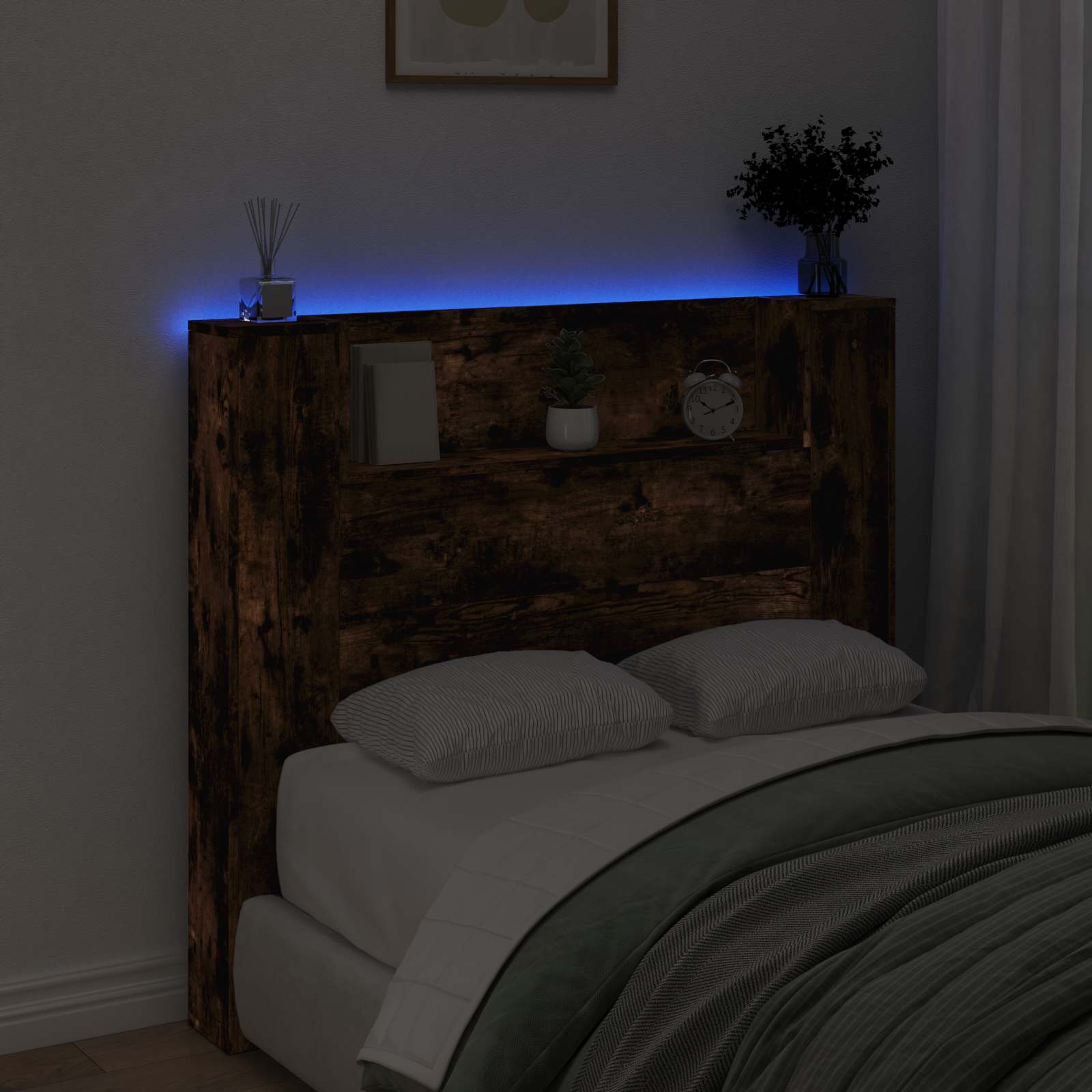 vidaXL Storage Headboard with LED Smoked Oak Engineered Wood 4