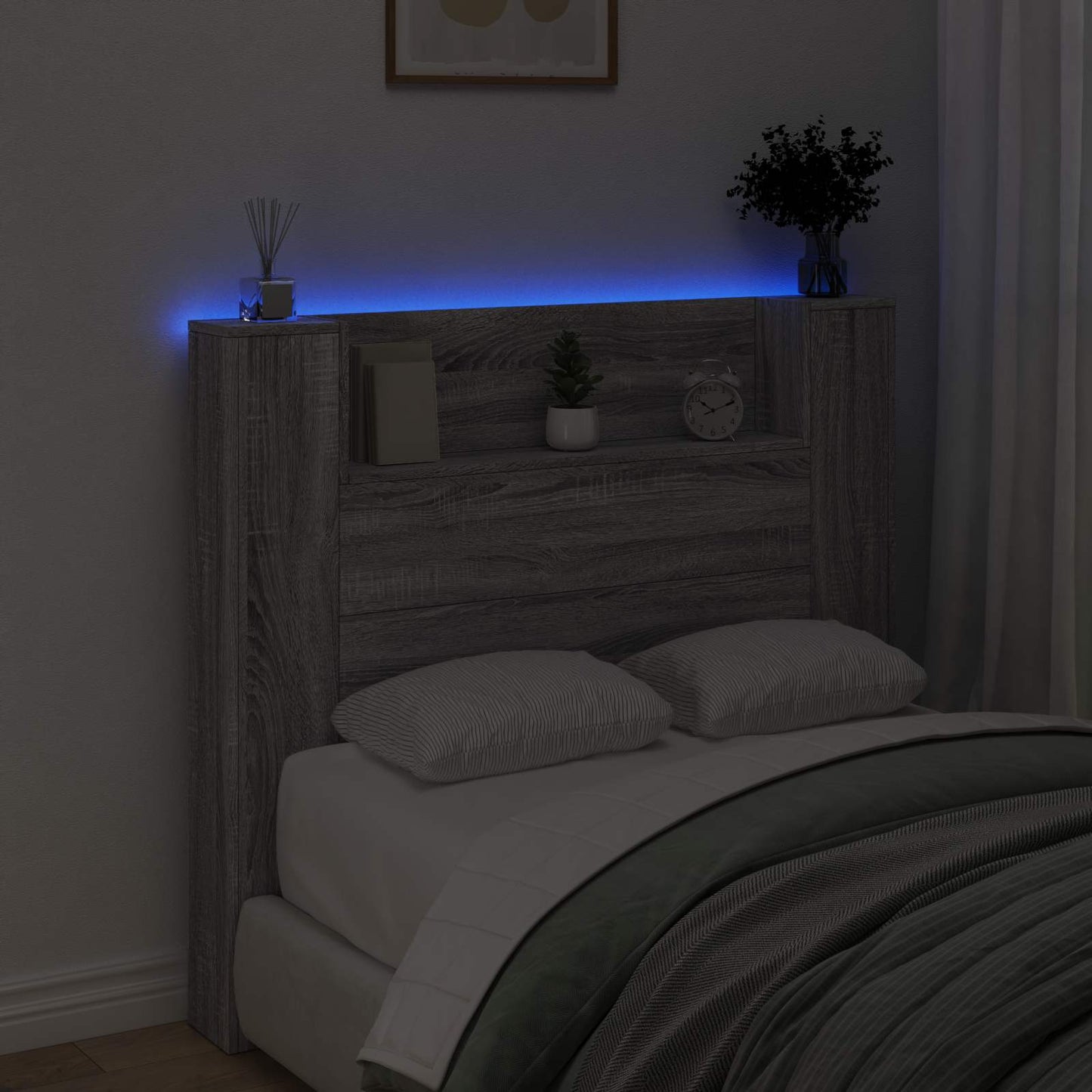 vidaXL Storage Headboard with LED Grey Sonoma Engineered Wood 4