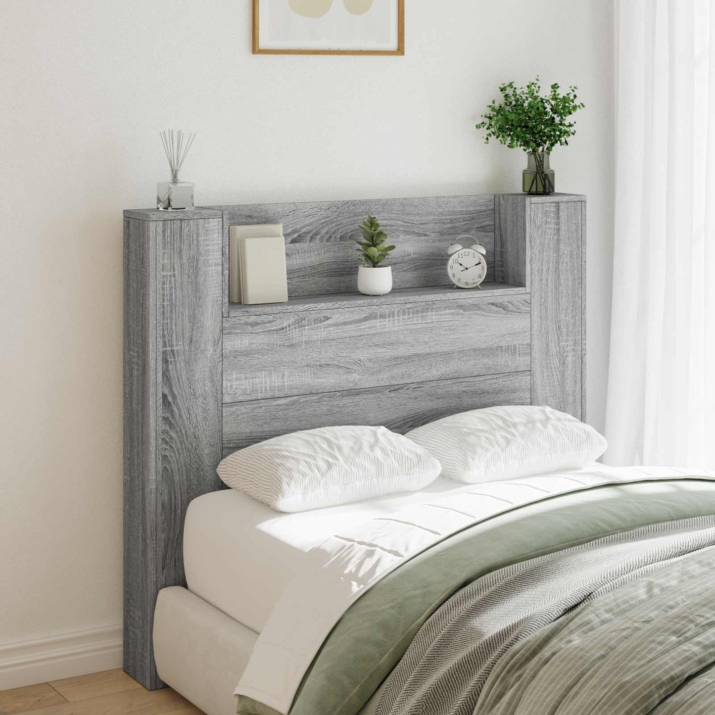 vidaXL Storage Headboard with LED Grey Sonoma Engineered Wood 1