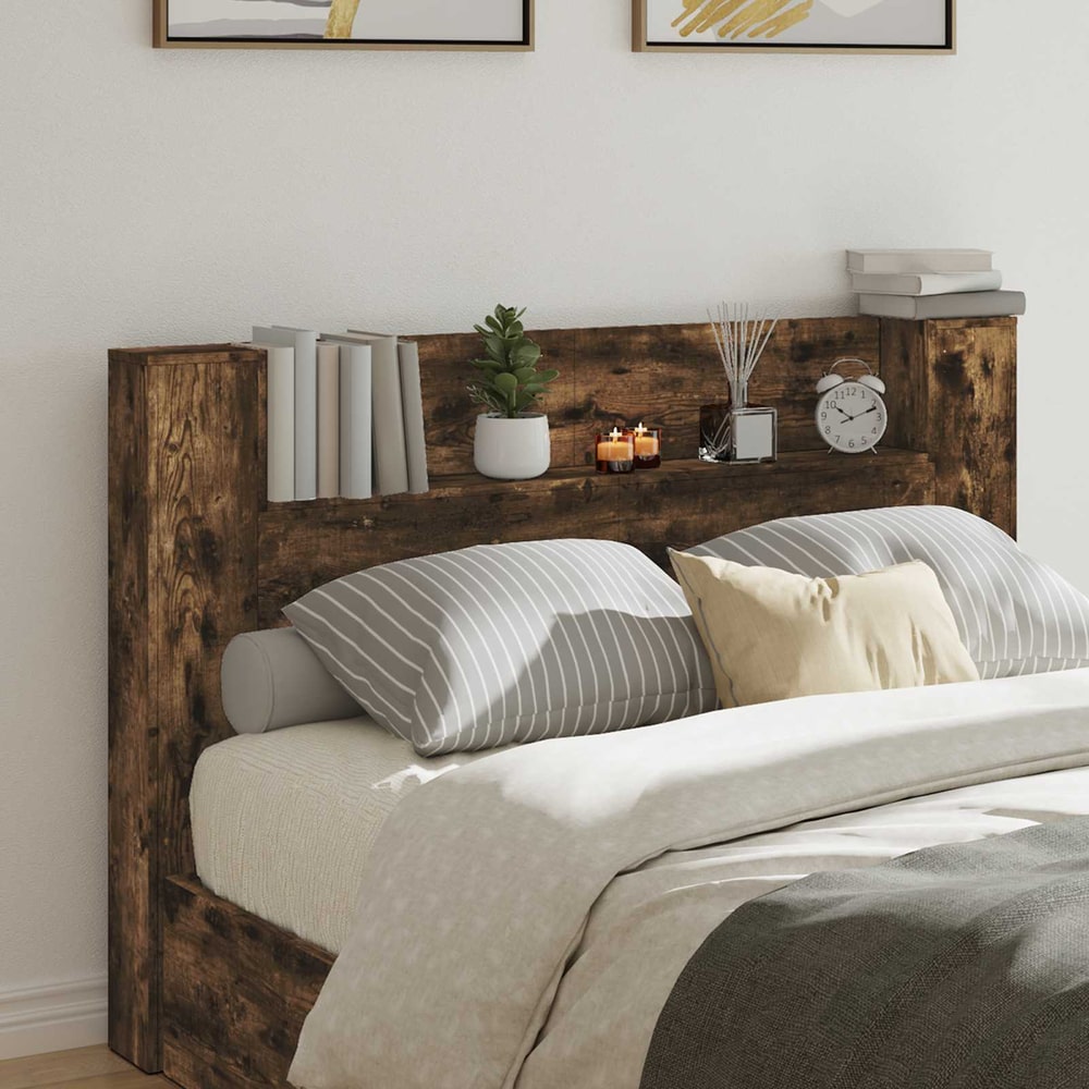 Storage Headboard with LED Engineered Wood 160 cm Smoked oak