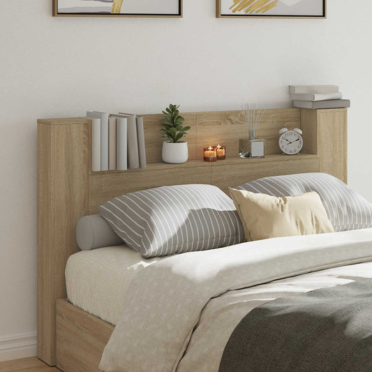 vidaXL Storage Headboard with LED Sonoma Oak Engineered Wood in a bedroom setting with books and candles on shelves