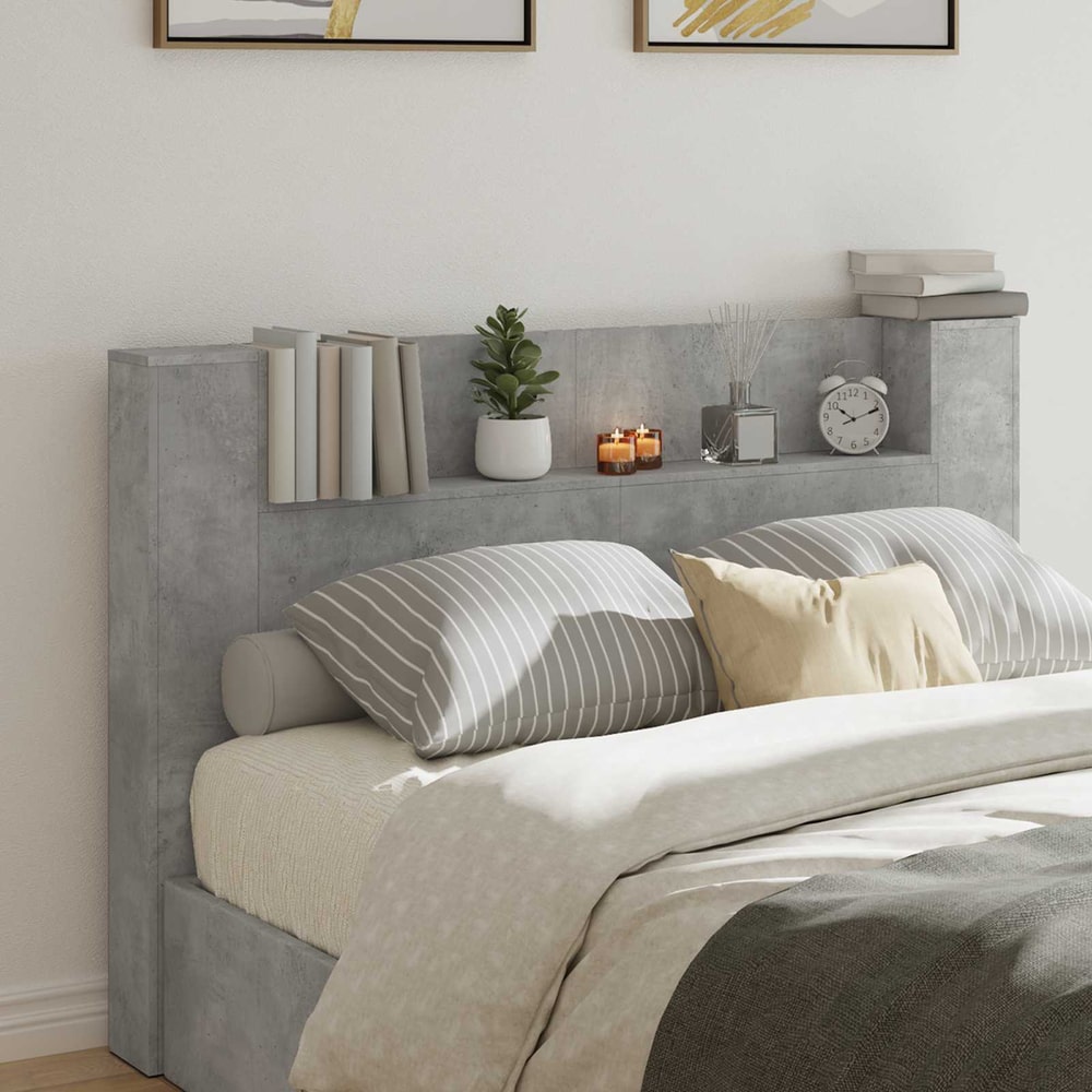Storage Headboard with LED Engineered Wood 160 cm Concrete grey