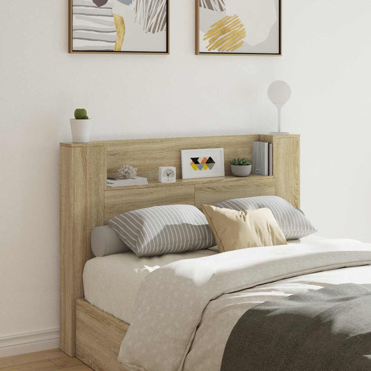 vidaXL Headboard Cabinet with LED Sonoma Oak Engineered Wood shown with shelves and a bed