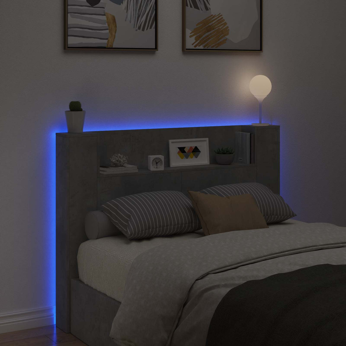 vidaXL Headboard Cabinet with LED Concrete Engineered Wood 4