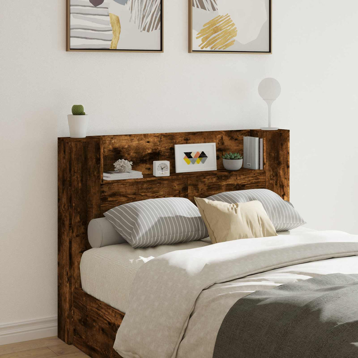 Headboard Cabinet with LED Engineered Wood Width 140 cm Smoked oak