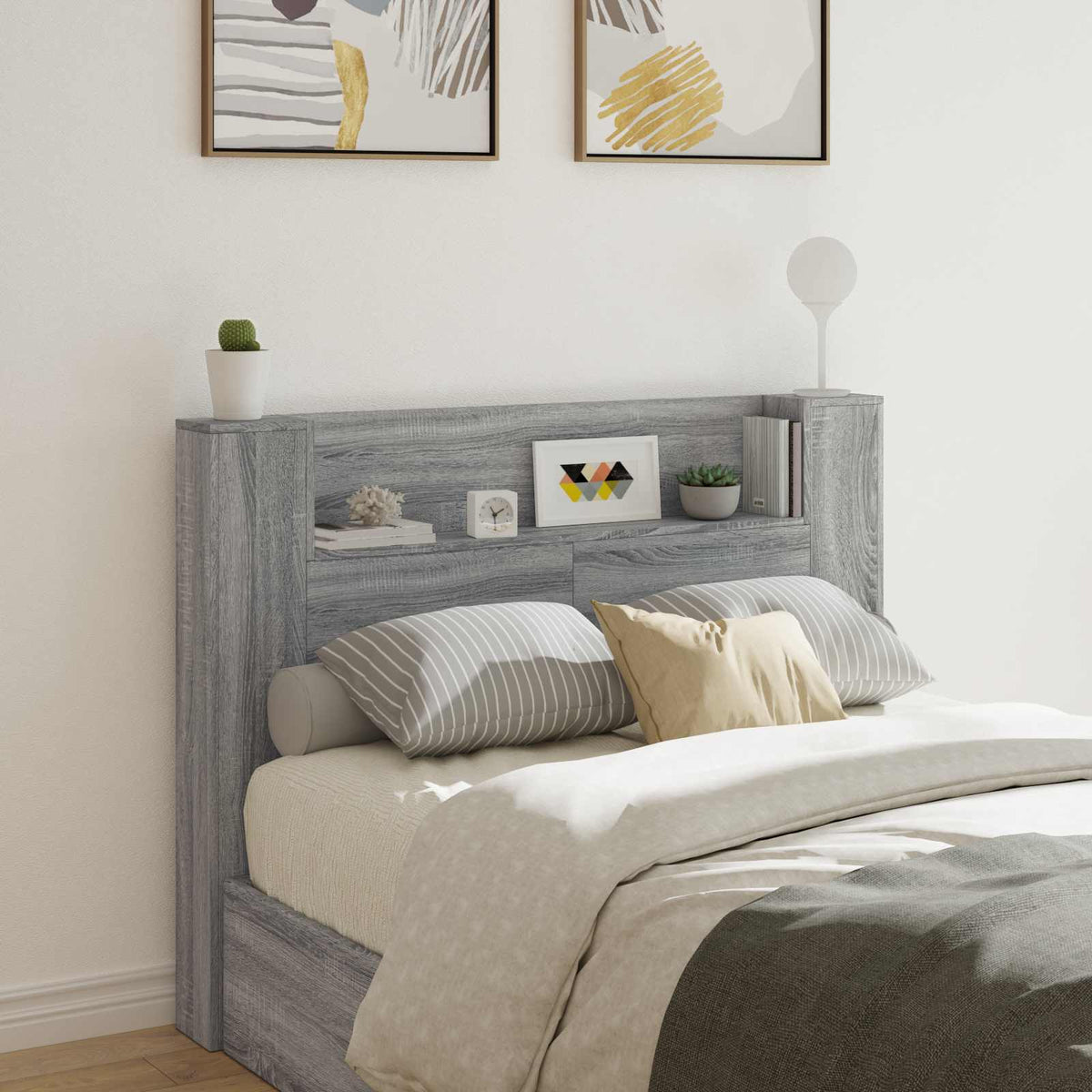 vidaXL Headboard Cabinet with LED Engineered Wood Width 140 cm