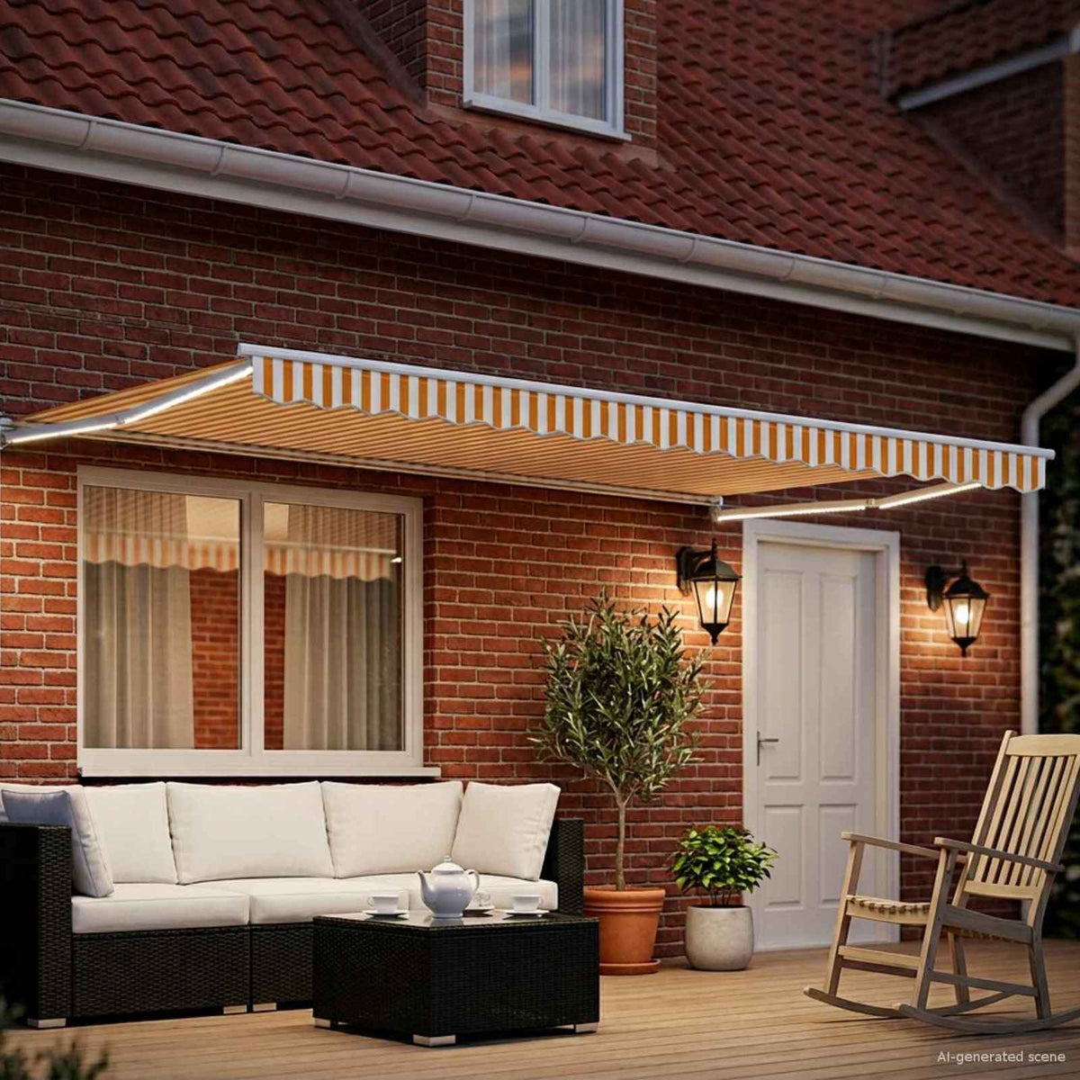 Manual Awning with Solar LED 4 x 2 m 100% Polyester White Yellow and white