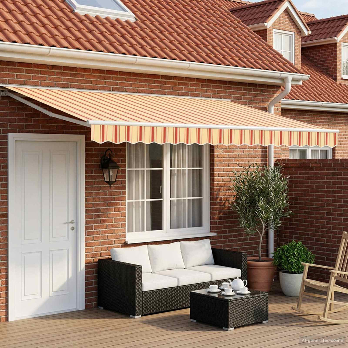 Manual Awning 5 x 3 m Sand 100% Polyester Yellow/orange/white (white frame)