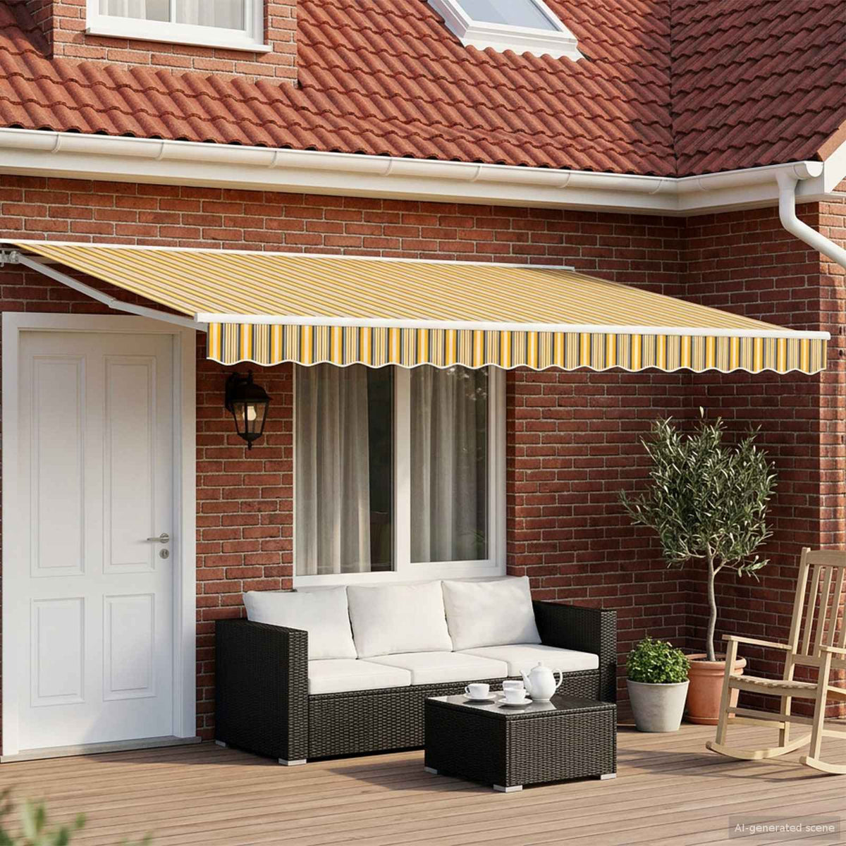 Solar Electric Awning 5 x 3.5 m 100% Polyester White Yellow and grey