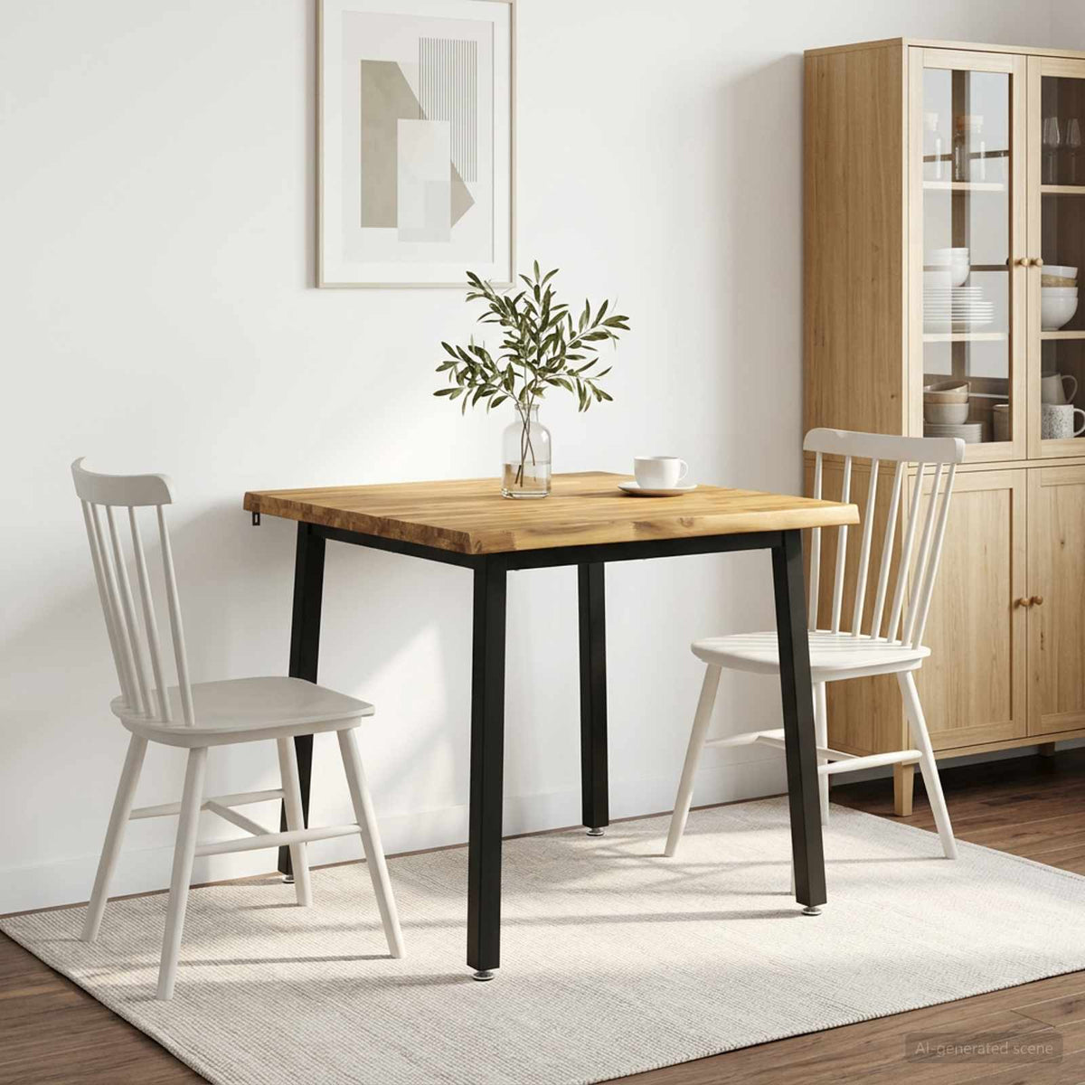 Dining Table 60 x 55 x 75 cm Solid Acacia Wood Live edge Depth 55 cm Width 60 cm Whitewash and Black