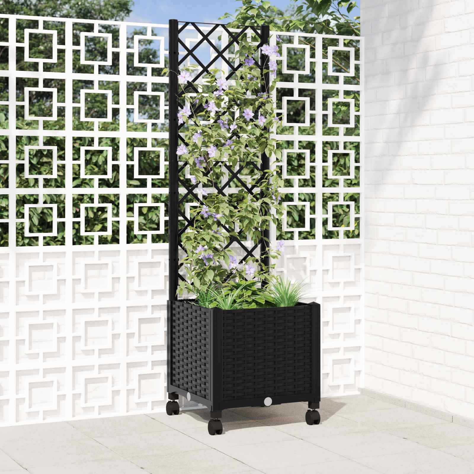 vidaXL Garden Planter with Trellis&Wheels Black 40 x 40 x 146 cm PP 1