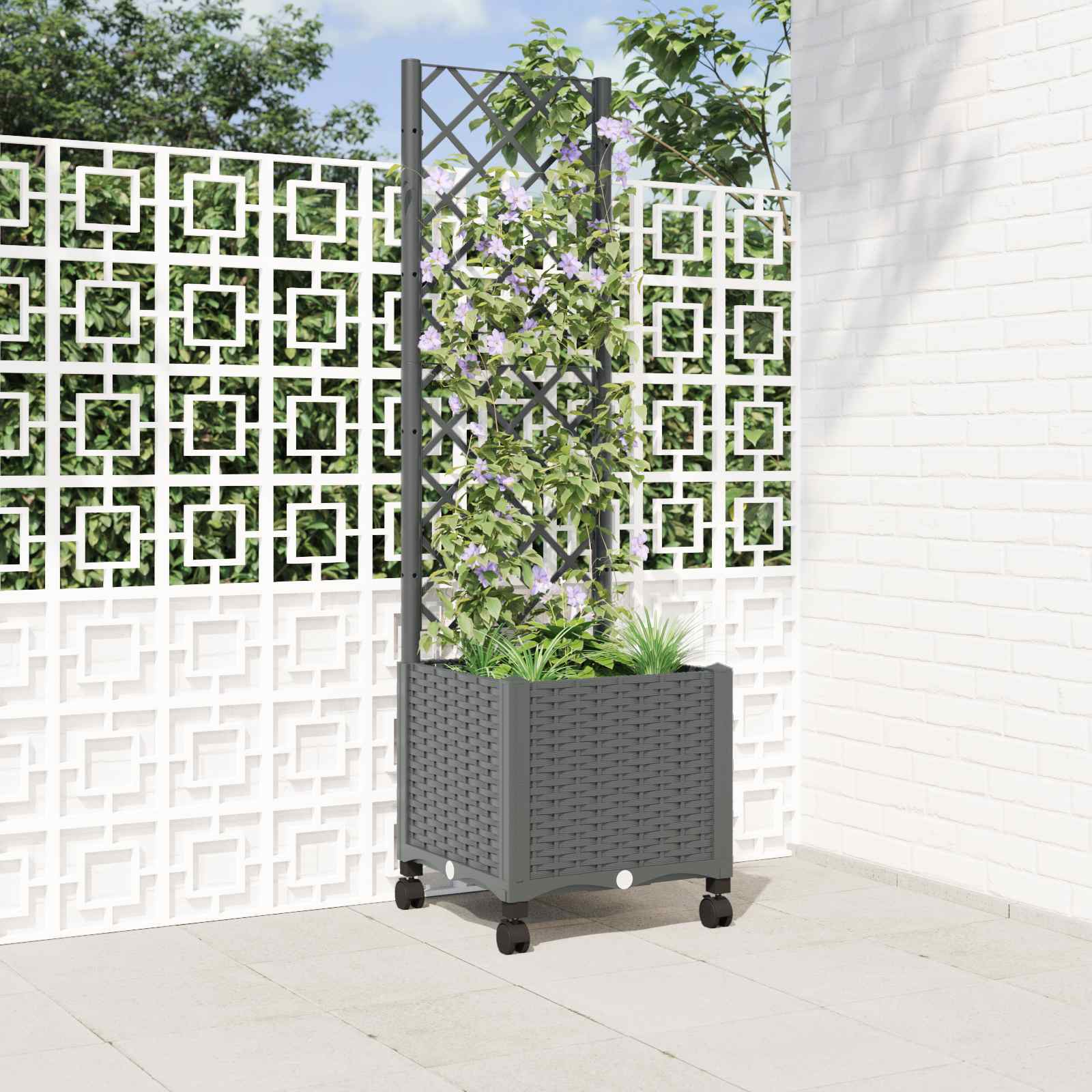 vidaXL Garden Planter with Trellis&Wheels Light Grey 40 x 40 x 146 cm 1