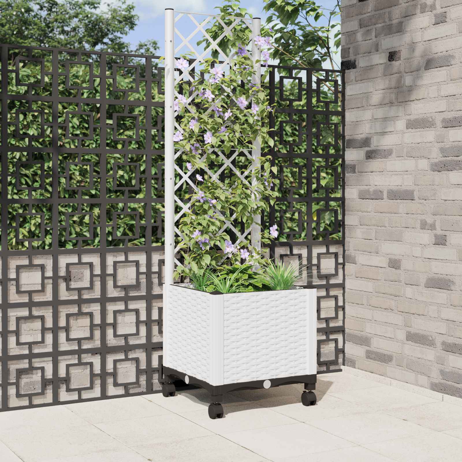 vidaXL Garden Planter with Trellis&Wheels White 40 x 40 x 146 cm PP 1