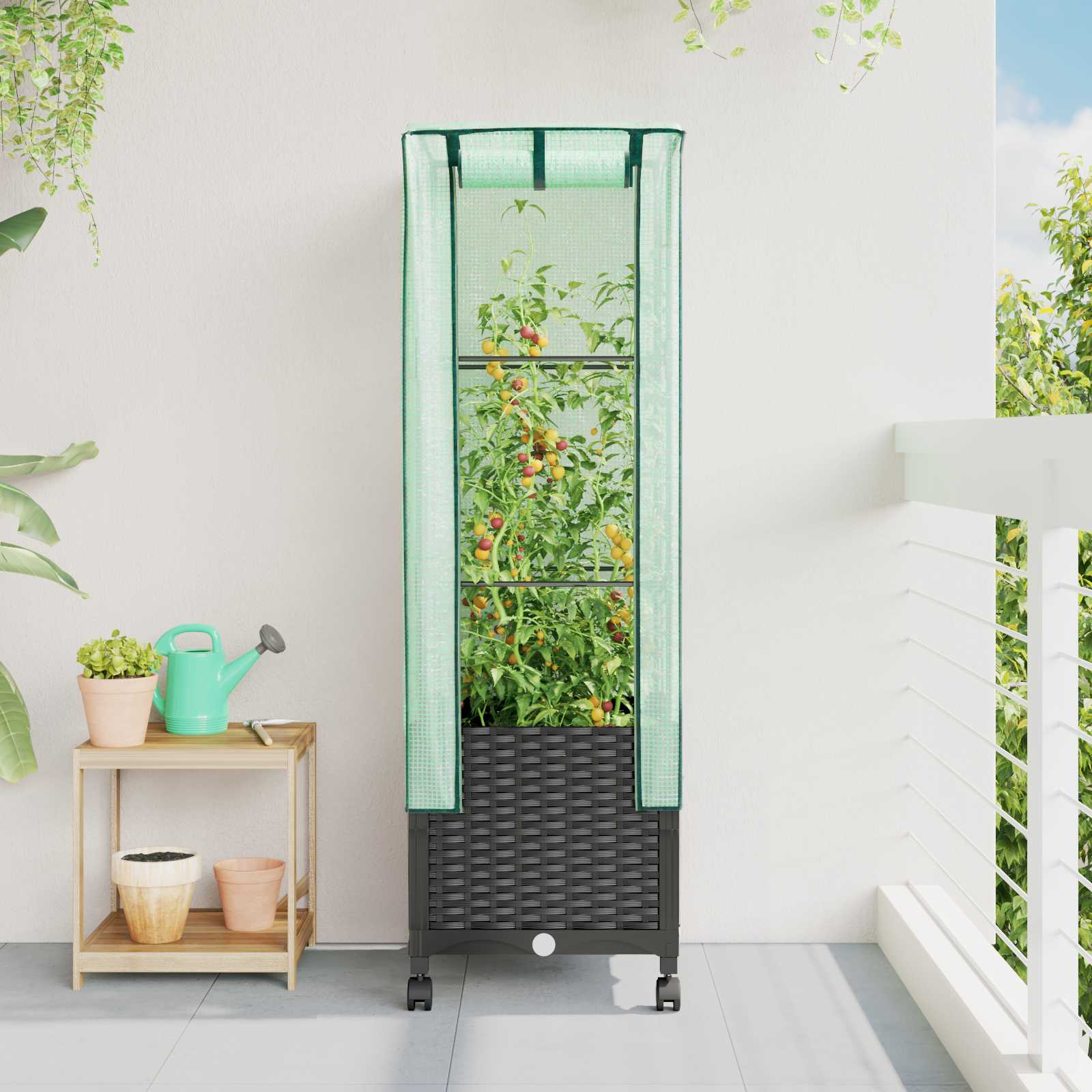 vidaXL Garden Planter with Greenhouse Cover&Wheels Black PP 1