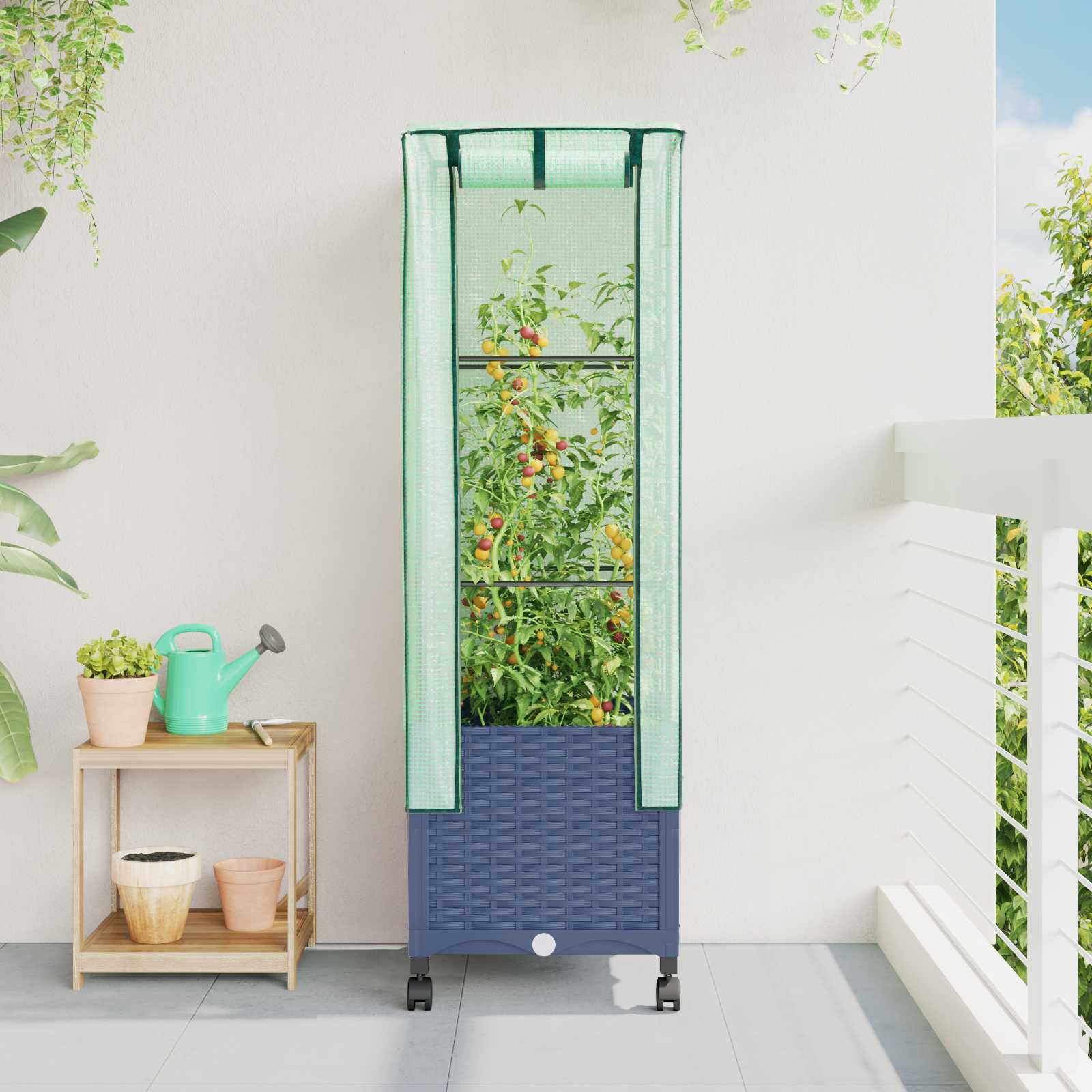 vidaXL Garden Planter with Greenhouse Cover&Wheels Blue Grey PP 1