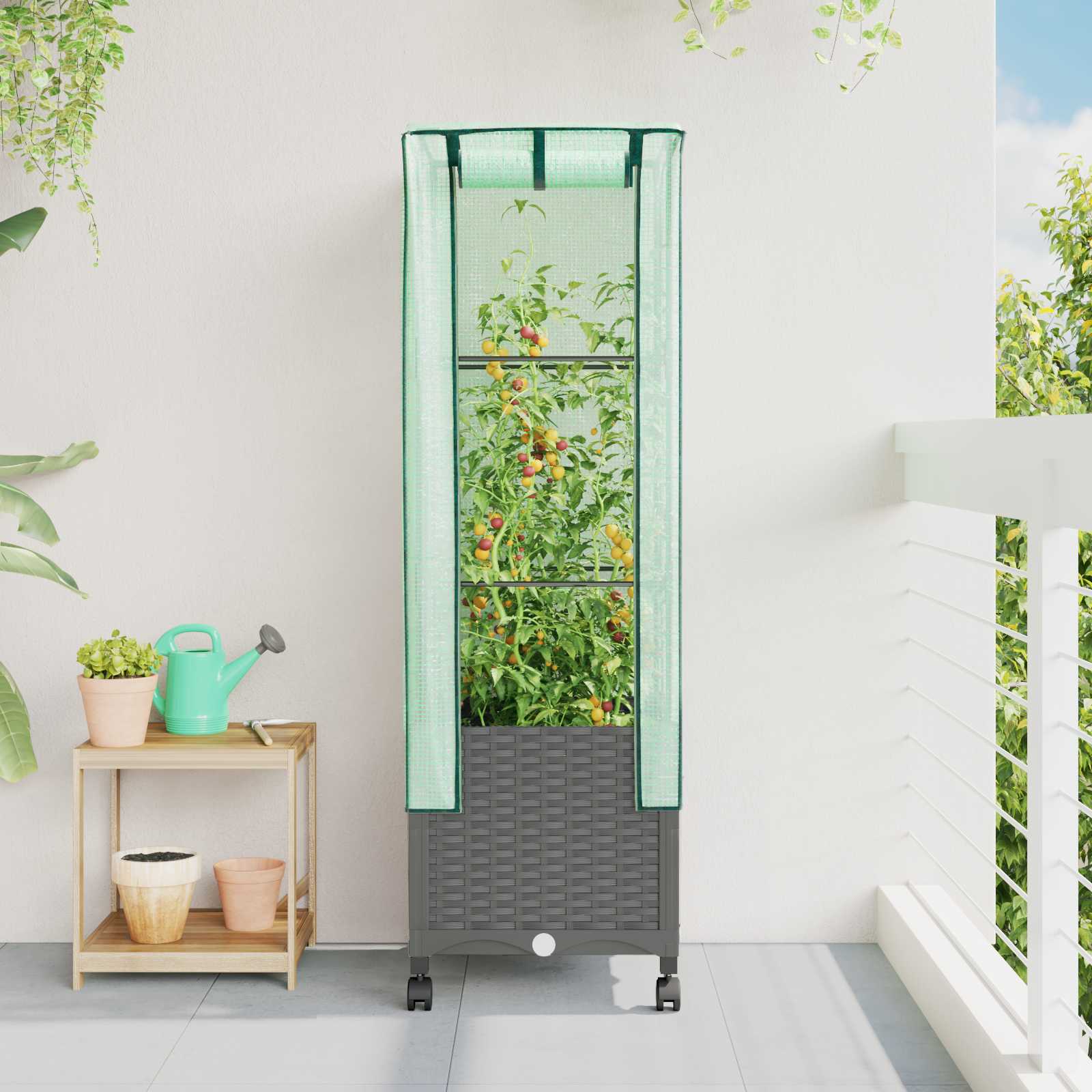 vidaXL Garden Planter with Greenhouse Cover&Wheels Light Grey PP 1