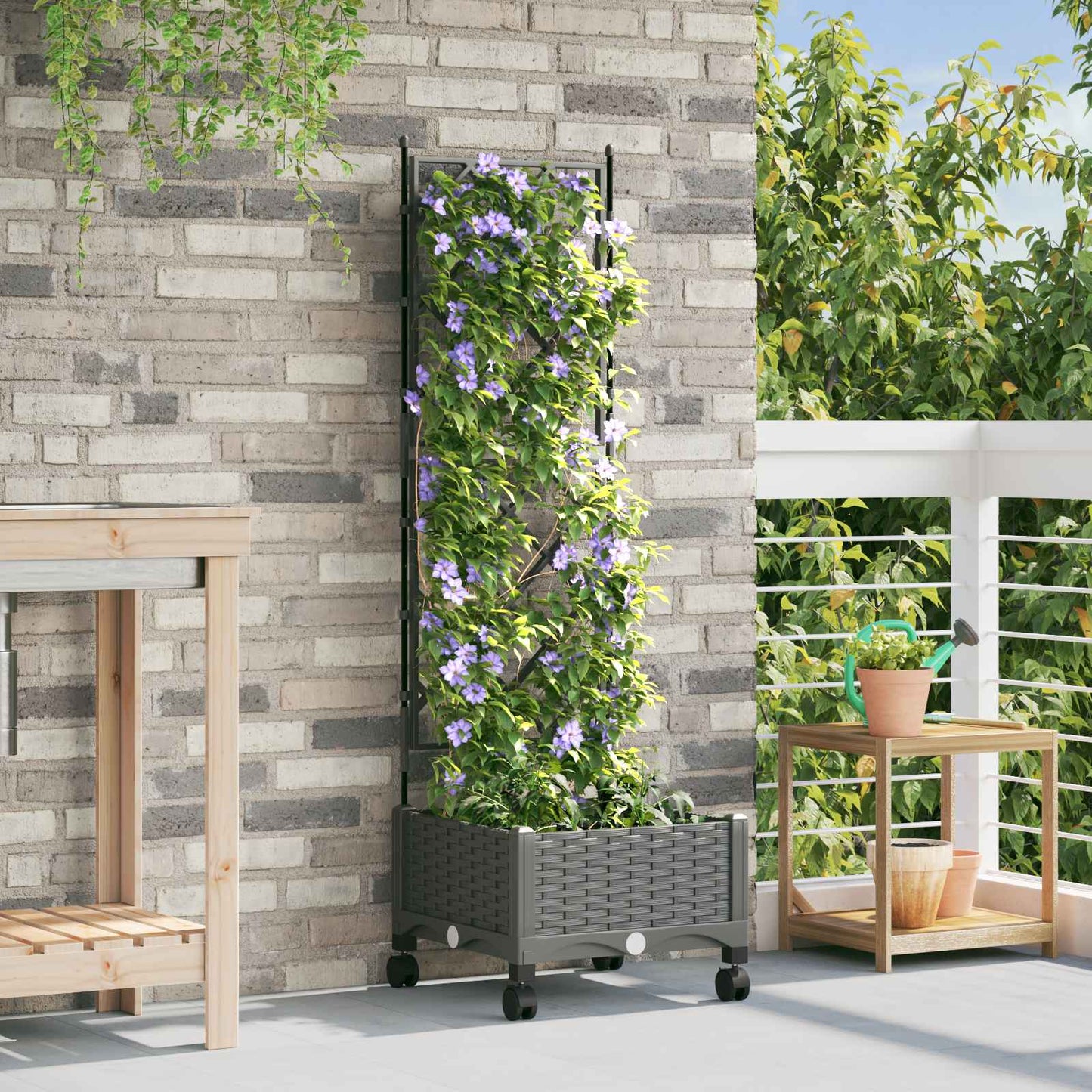 vidaXL Garden Planter with Trellis&Wheels Light Grey PP 1