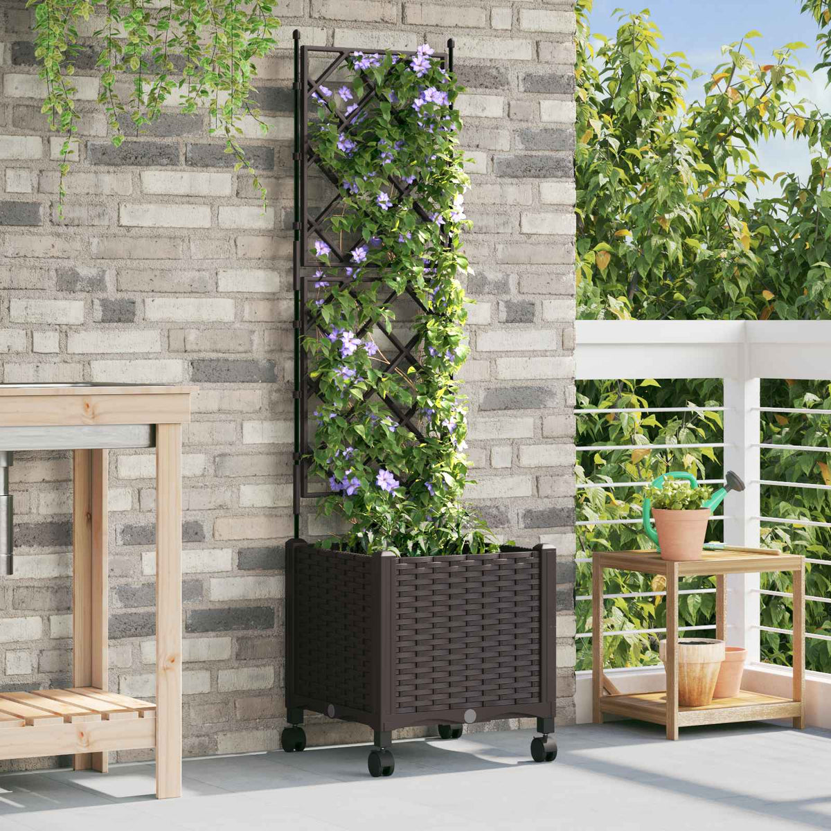 vidaXL Garden Planter with Trellis&Wheels Brown 40 x 40 x 149 cm PP 1