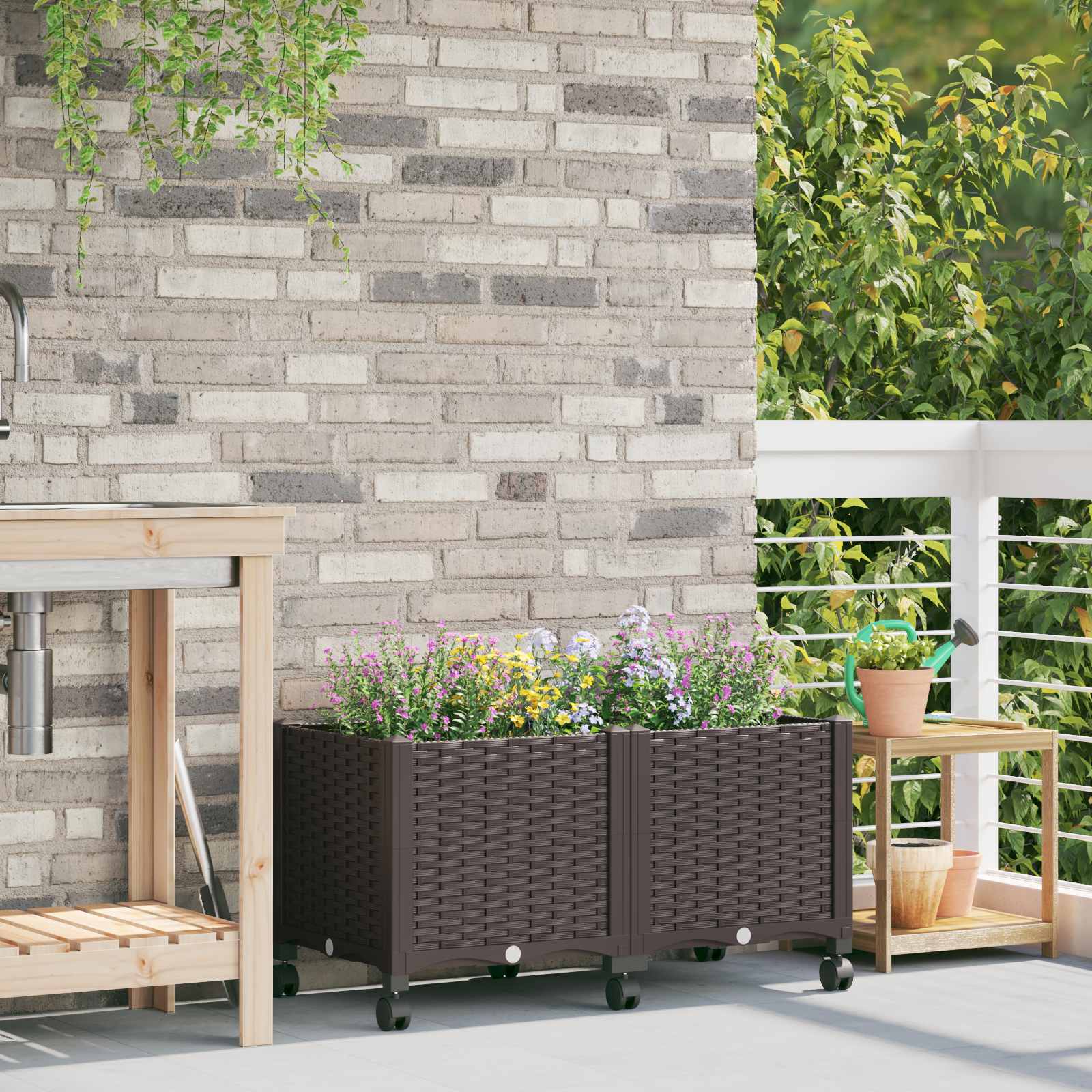 vidaXL Garden Planter with Wheels Brown 80 x 40 x 44 cm PP 1
