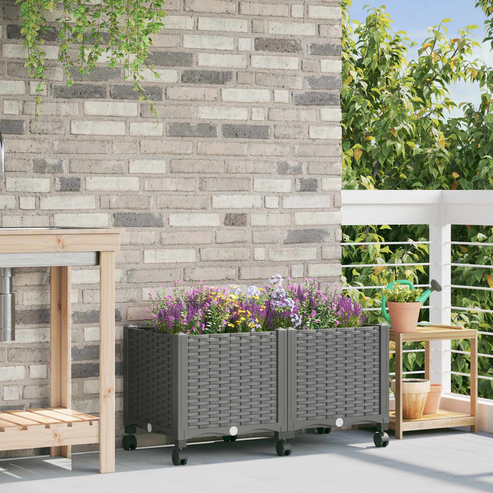vidaXL Garden Planter with Wheels Light Grey 80 x 40 x 48 cm PP 1