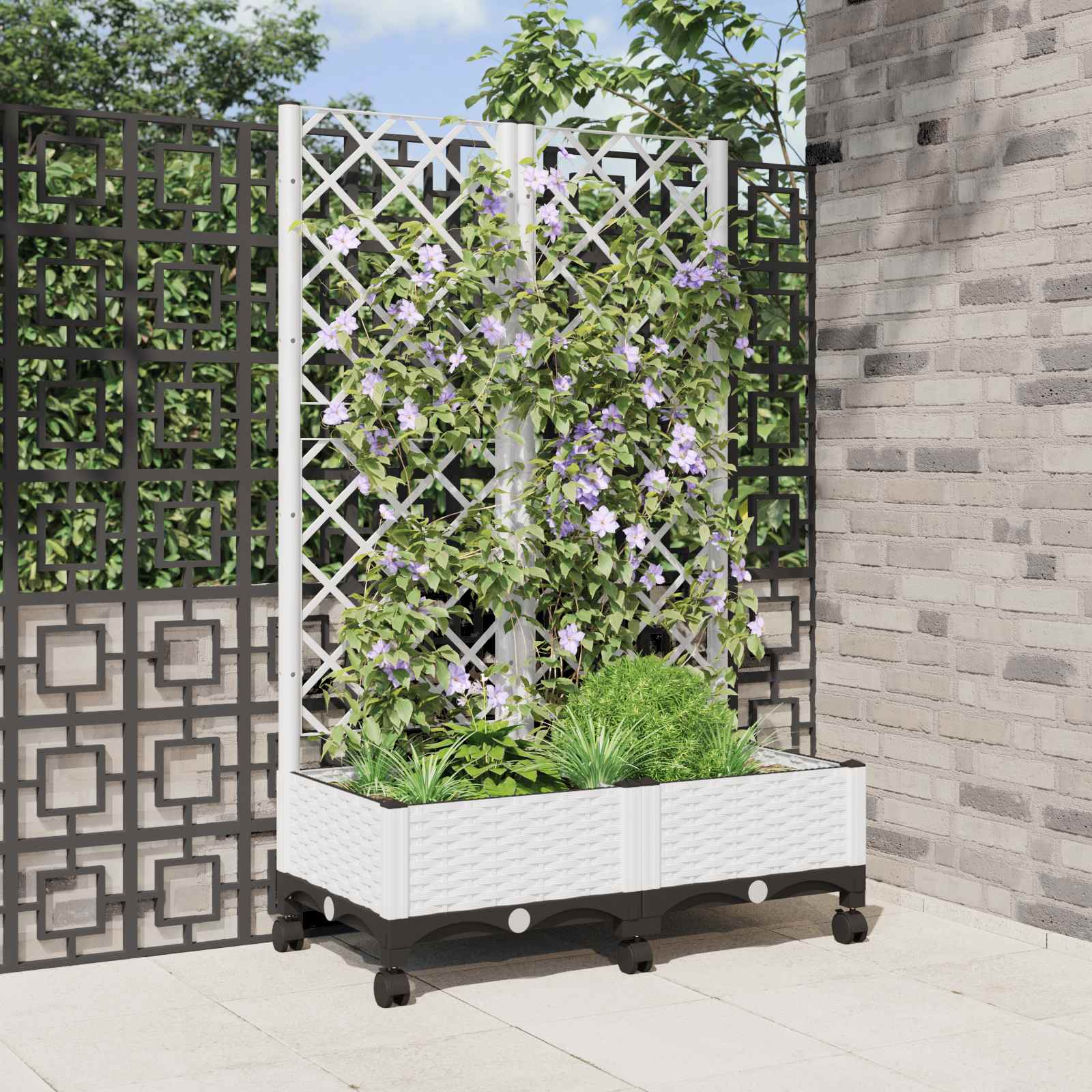 vidaXL Garden Planter with Trellis&Wheels White 80 x 40 x 131.5 cm PP 1