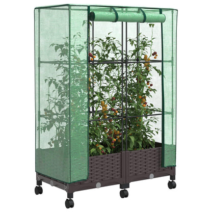 vidaXL Garden Planter with Greenhouse Cover&Wheels 2 pcs Brown PP 3