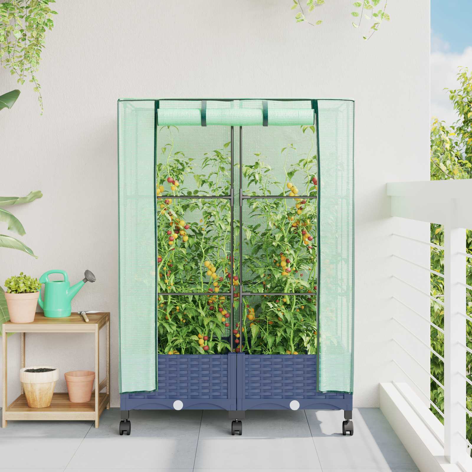 vidaXL Garden Planter with Greenhouse Cover&Wheels 2 pcs Blue Grey PP 1