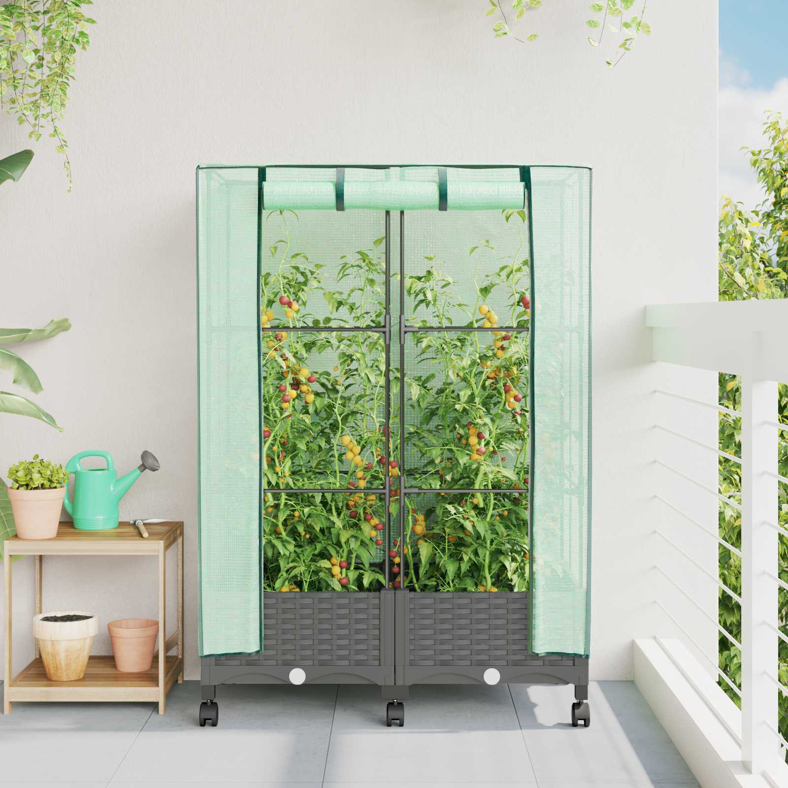 vidaXL Garden Planter with Greenhouse Cover&Wheels 2 pcs Light Grey PP 1