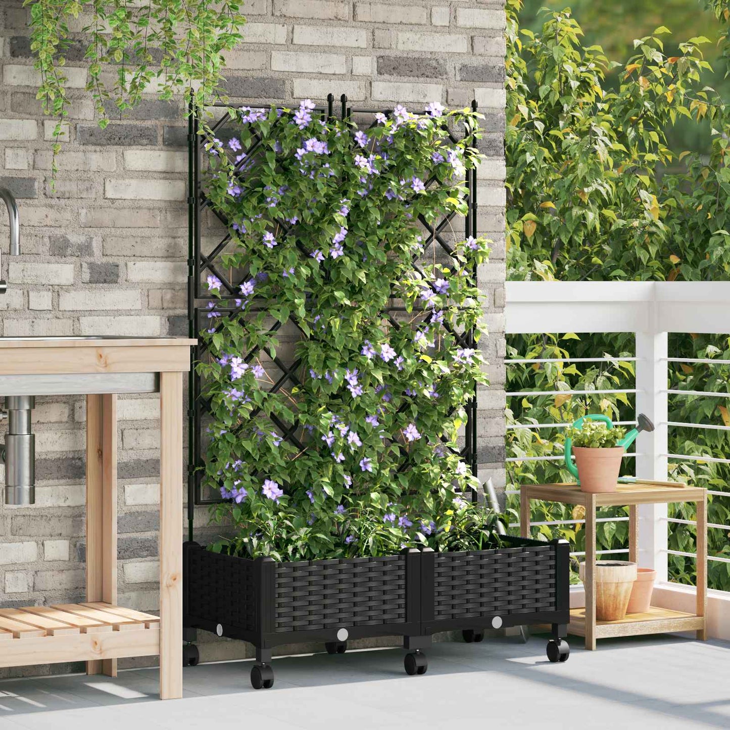 vidaXL Garden Planter with Trellis&Wheels 2 pcs Black PP 1