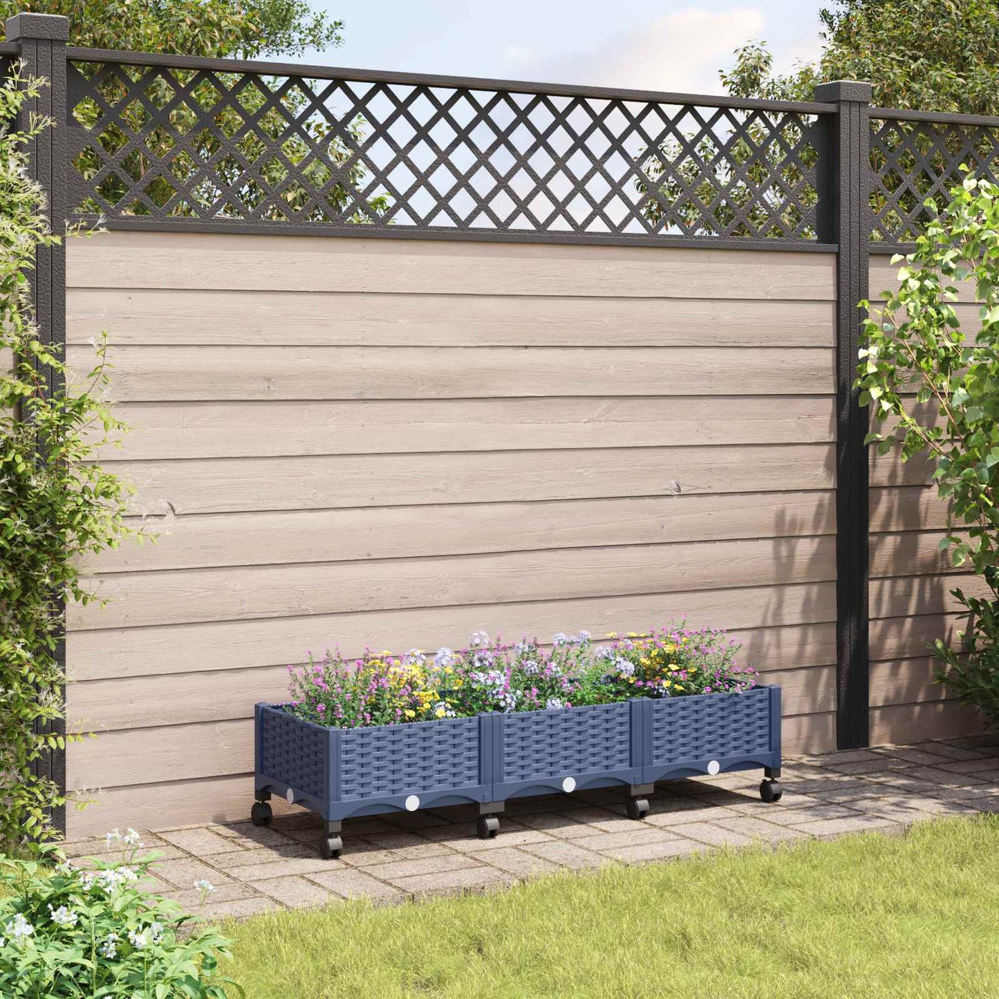 vidaXL Garden Planter with Wheels Blue Grey 120 x 40 x 33 cm PP 1