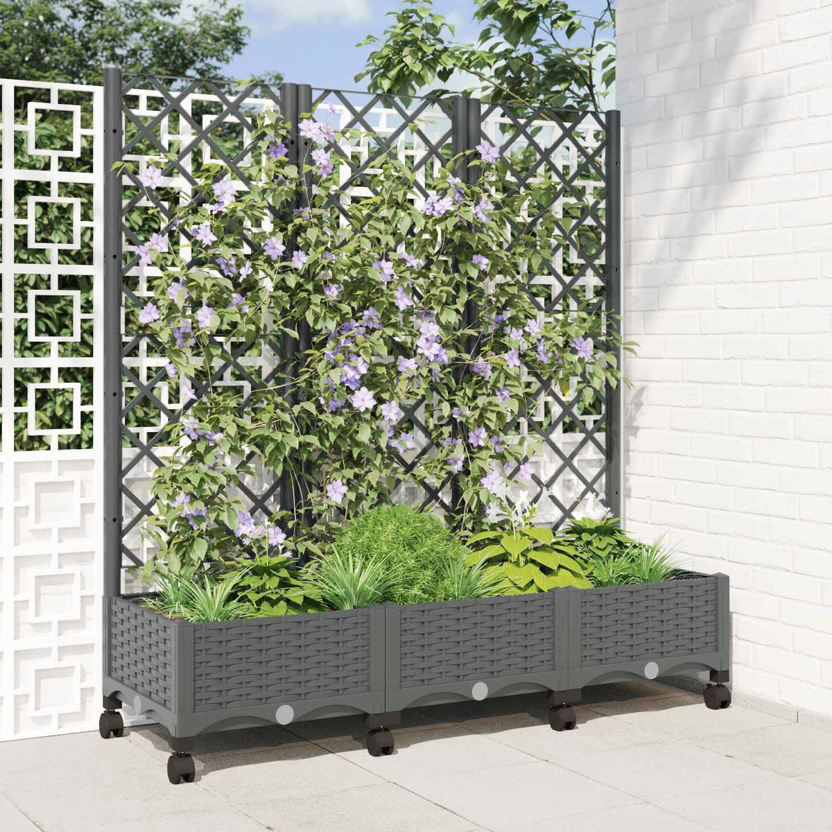 vidaXL Garden Planter with Trellis&Wheels PP with Wheels Height 121.5 cm