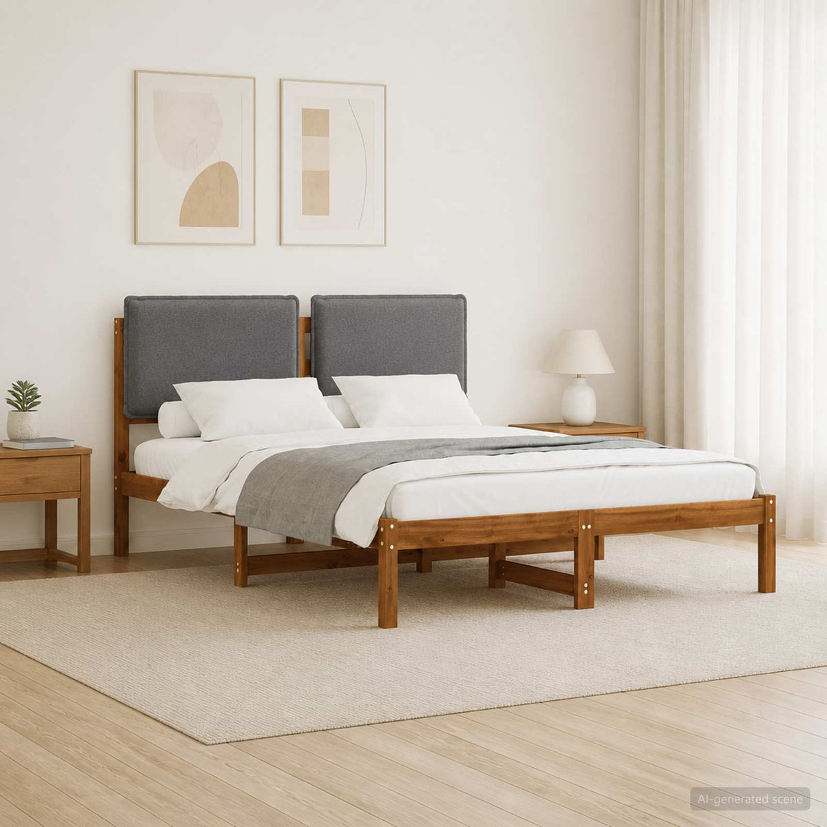 Bed Frame with Upholstered Headboard Length 200 cm Natural and Light Grey 160 cm