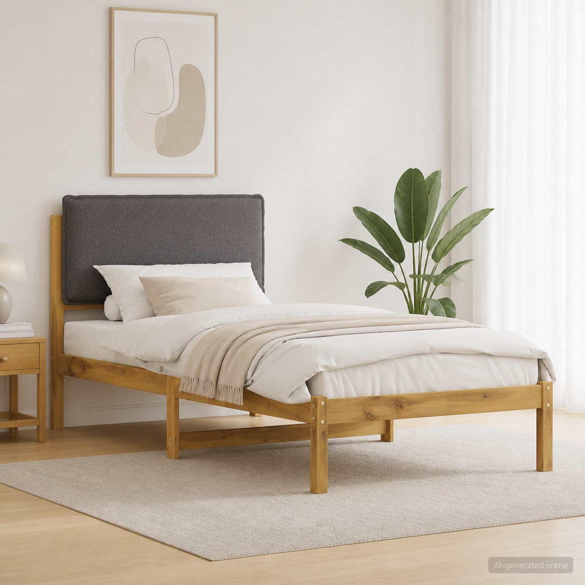 Bed Frame with Upholstered Headboard Length 200 cm Whitewash and Light Grey 90 cm
