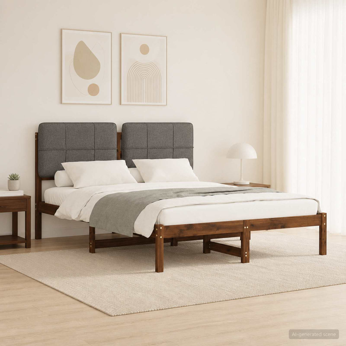 Bed Frame Upholstered Headboard Length Width Dark brown light grey