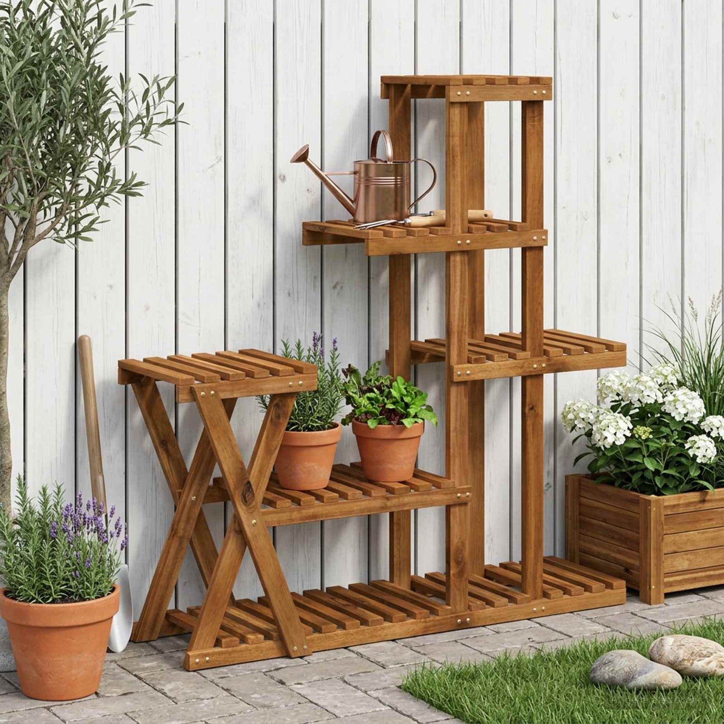 vidaXL Plant Stand Natural 95 x 25 x 101.5 cm Solid Acacia Wood 1