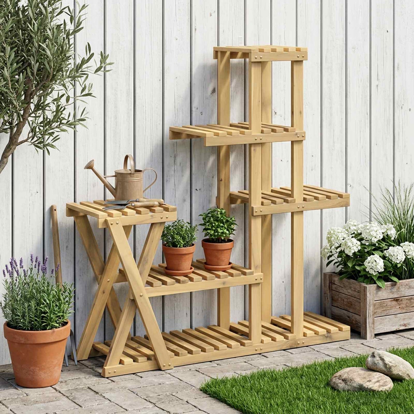 vidaXL Plant Stand White 95 x 25 x 101.5 cm Solid Acacia Wood 1