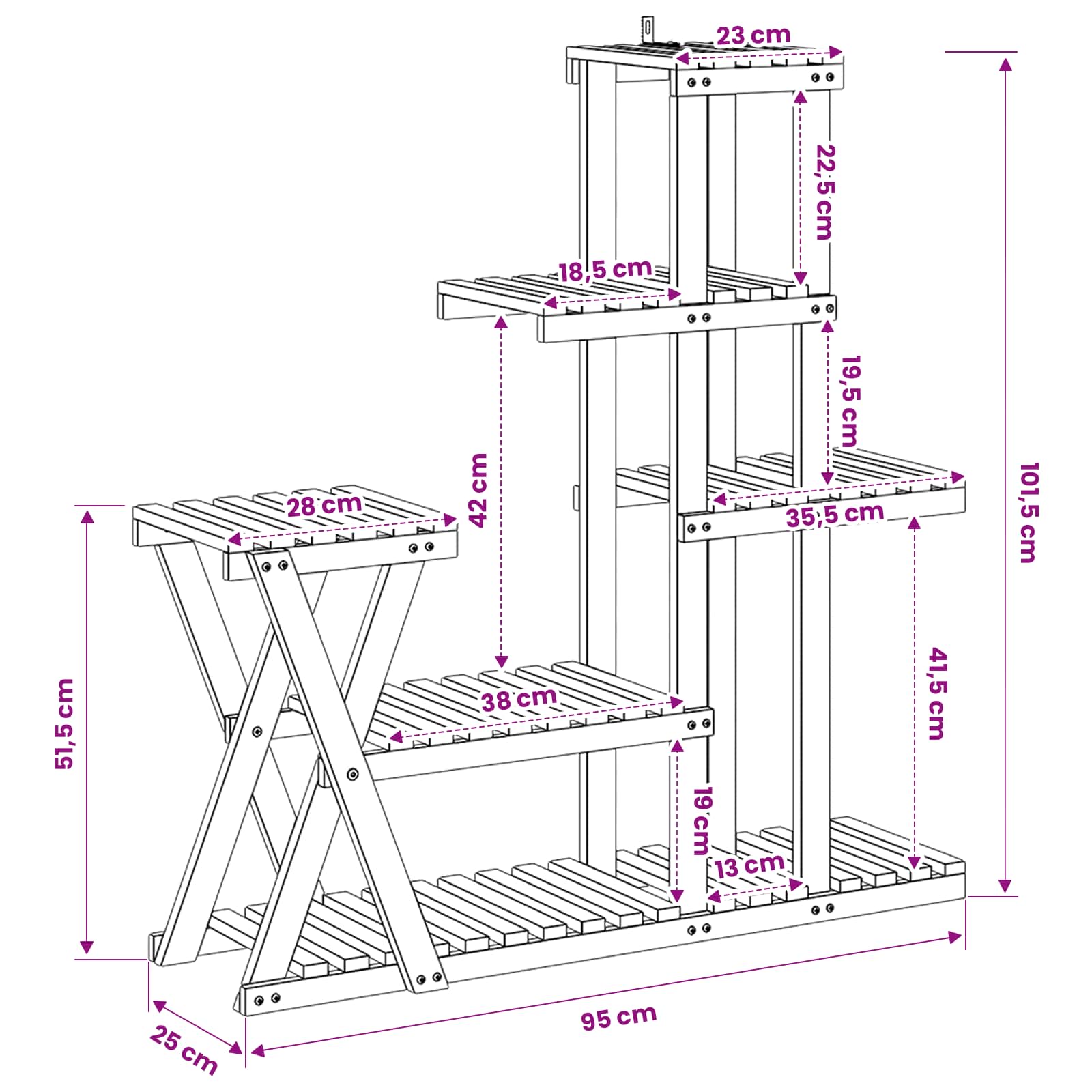 vidaXL Plant Stand White 95 x 25 x 101.5 cm Solid Acacia Wood 6