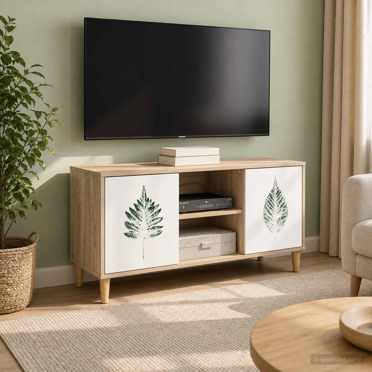 TV Cabinet BONN 102 x 33 x 50 cm Sonoma Engineered Wood Green leave print
