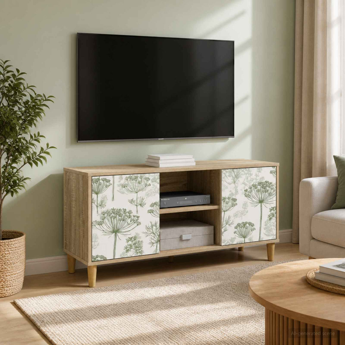 TV Cabinet BONN 102 x 33 x 50 cm Sonoma Engineered Wood Green tree print