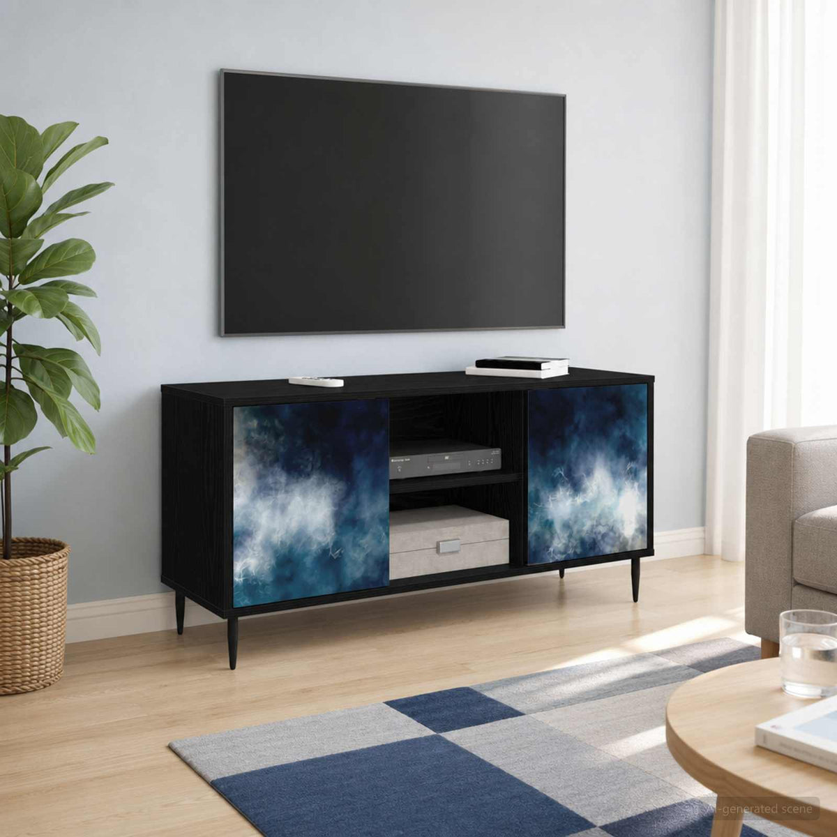 TV Cabinet BONN 102 x 33 x 51 cm Black Oak Engineered Wood Blue marble print