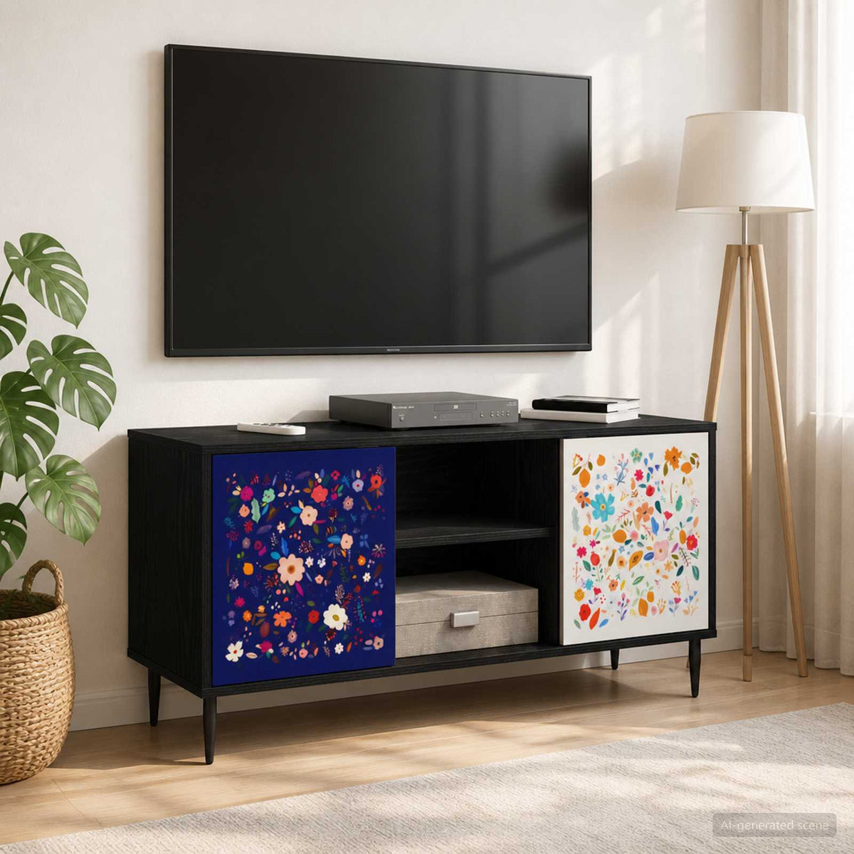 TV Cabinet BONN 102 x 33 x 51 cm Black Oak Engineered Wood Floral print