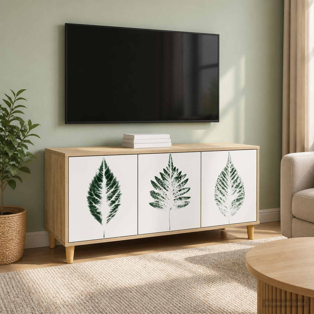 TV Cabinet BONN 102 x 33 x 50 cm Sonoma Engineered Wood Green leave print